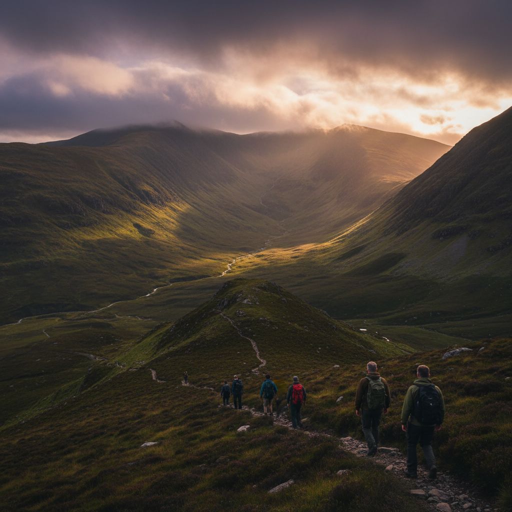 Brothers hiking through misty mountains at golden hour
