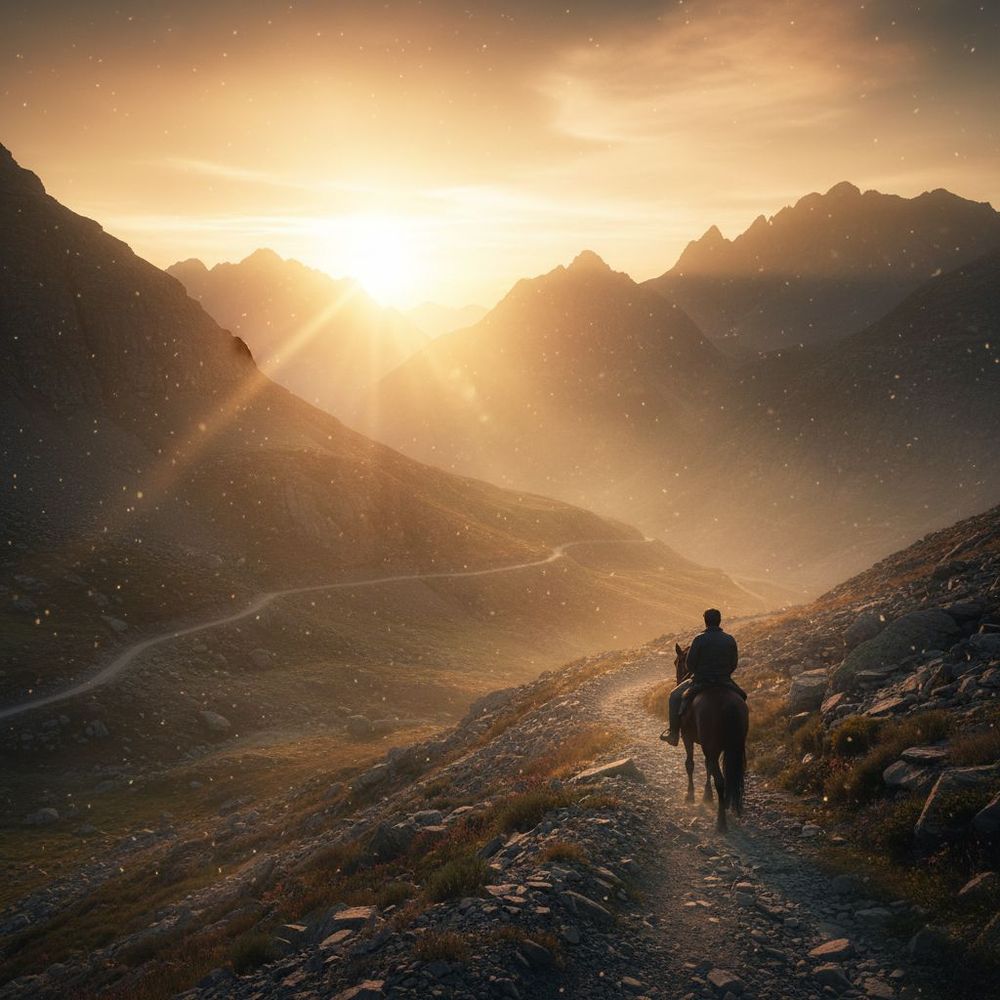 Horse riding through misty mountain trails