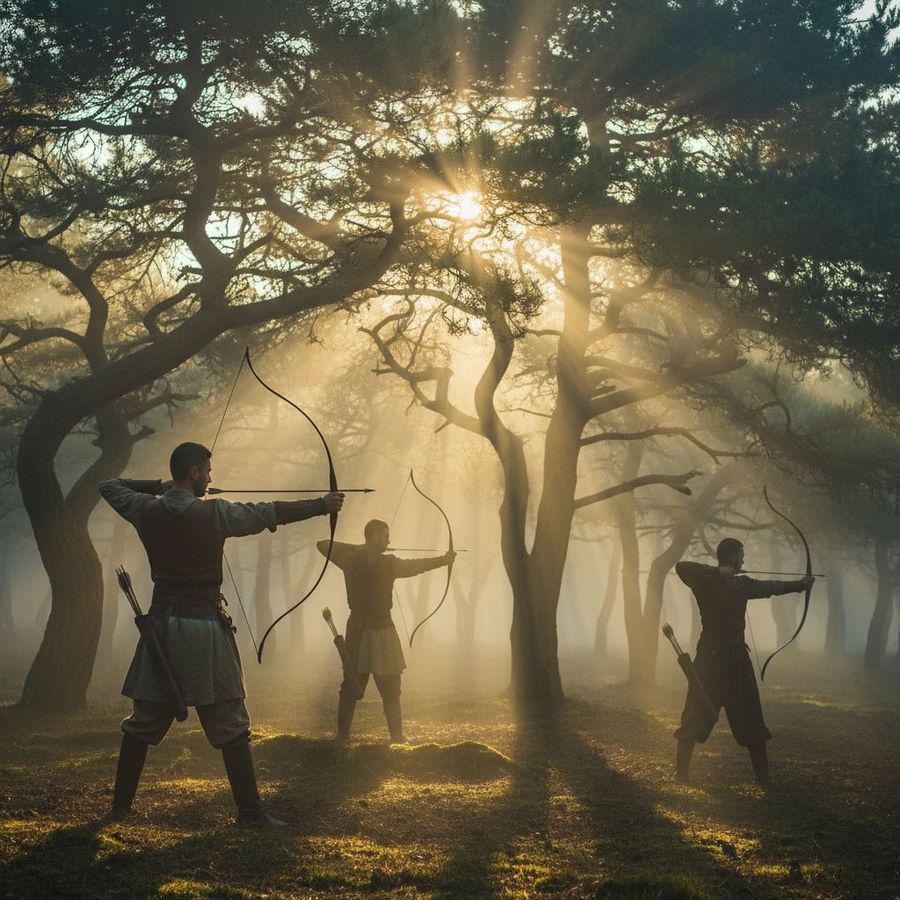 Men practising archery in a misty forest