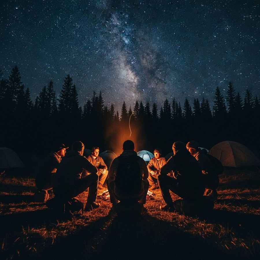 Men sitting around a campfire in discussion