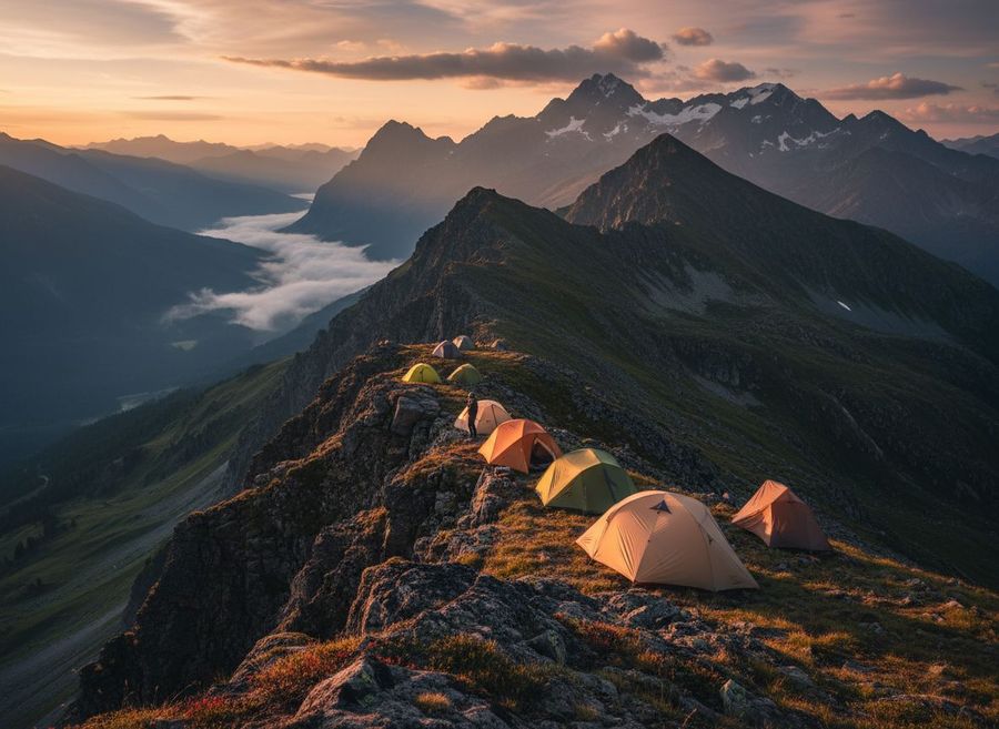 Wild camping on a mountain ridge
